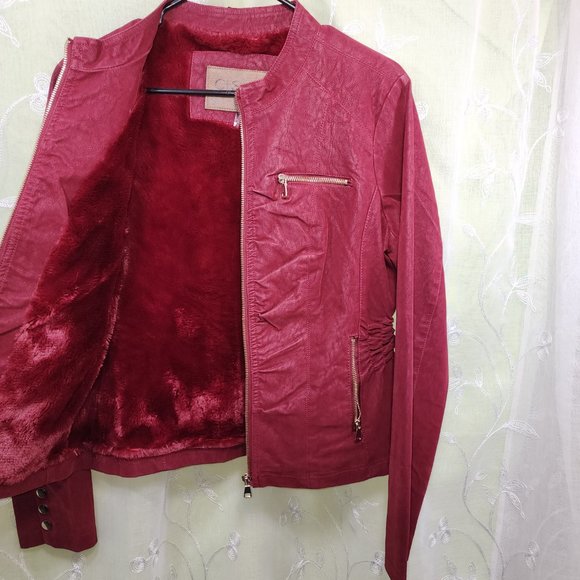 Red Faux Leather Jacket, Fitted , w/ Gold Embellishments . Soft Lining. Small. - Picture 5 of 9